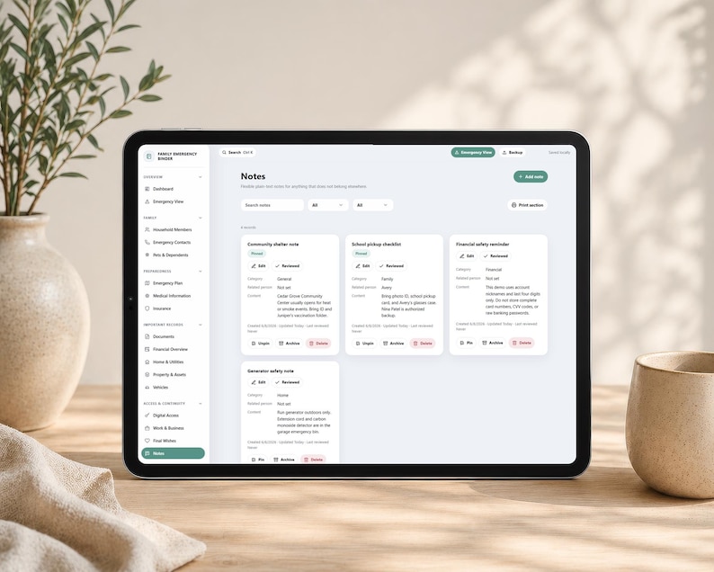 May include: A tablet screen displaying a digital family emergency binder interface with a sidebar menu and a main dashboard showing various note cards titled Community shelter zone, School pickup checklist, Financial safety reminder, and Generator safety note.