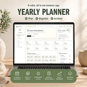 May include: A laptop screen displaying a yearly planner browser app with a dashboard interface. The screen shows text including "YEARLY PLANNER", "Plan", "Organise", "Achieve", "Your year, clearly planned", and "12-month overview" with various data metrics.