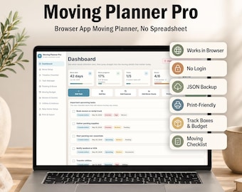 Aplicación web Moving Planner Pro / Lista de verificación digital para la mudanza e inventario de cajas / Rastreador de presupuesto para la mudanza / Carpeta imprimible / Organizador de mudanzas