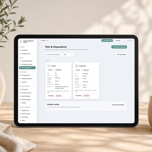May include: A tablet displaying a digital interface titled Pets & Dependents, featuring a sidebar with navigation categories like Dashboard, Emergency View, and Documents. The screen shows two profile cards for Juniper and Evelyn Park.