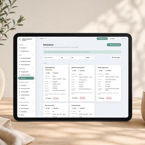 May include: A tablet screen displaying a digital Family Emergency Binder interface. The dashboard shows an Insurance section with organized policy cards for health, home, and auto, featuring text labels for policy details, status, and contact info.