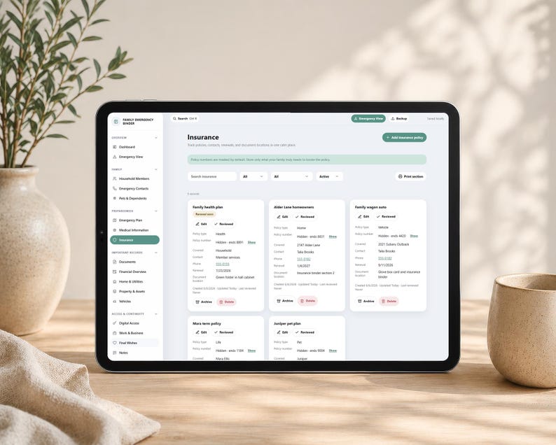 May include: A tablet screen displaying a digital Family Emergency Binder interface. The dashboard shows an Insurance section with organized policy cards for health, home, and auto, featuring text labels for policy details, status, and contact info.