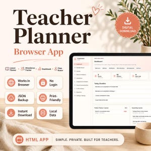 May include: A digital teacher planner app displayed on a tablet. The interface shows a dashboard with lesson planning, attendance tracking, and gradebook features. The app is print-friendly and offers instant download.