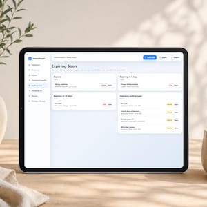 May include: A tablet displaying the Home Manager software interface on its screen. The dashboard shows an Expiring Soon section with categories for expired items, items expiring in 7 or 30 days, and warranties ending soon, featuring a white background.