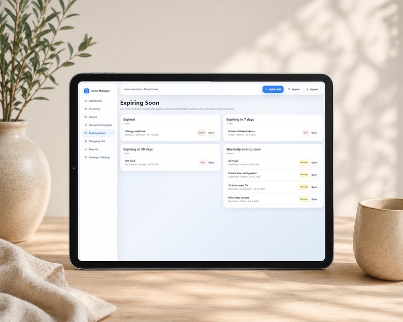 May include: A tablet displaying the Home Manager software interface on its screen. The dashboard shows an Expiring Soon section with categories for expired items, items expiring in 7 or 30 days, and warranties ending soon, featuring a white background.