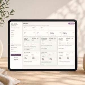 May include: A digital tablet displays an event planning application interface. The screen shows vendor details, including categories, budgets, and ratings. The tablet is on a wooden surface, with a vase and a cup in the background.