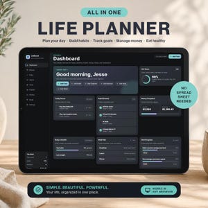 Puede incluir: Un planificador de vida digital que se muestra en una tableta. La pantalla muestra un panel con secciones para tareas diarias, hábitos y finanzas. El texto incluye "LIFE PLANNER", "Good morning, Jesse" y "SIMPLE. BEAUTIFUL. POWERFUL."