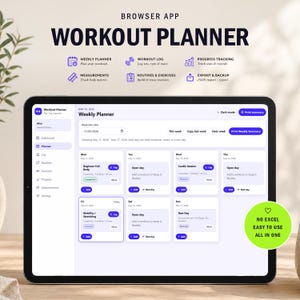 Könnte beinhalten: Ein Tablet zeigt eine Workout-Planer-App. Der Bildschirm zeigt eine wöchentliche Planer-Oberfläche mit Optionen zum Protokollieren von Workouts, Verfolgen von Fortschritten und Exportieren von Daten. Die App enthält Funktionen für Routinen, Messungen und einen Dunkelmodus. Der Text lautet "Workout Planner".