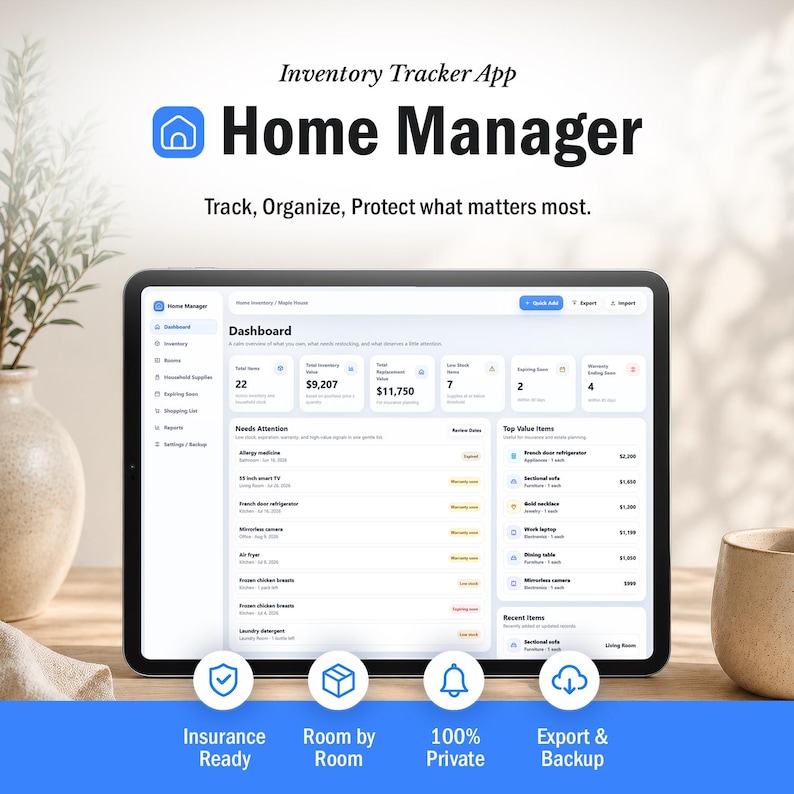 Home Inventory Tracker App | Home Manager | Household Inventory Manager | Insurance Home Inventory | Local Browser App | Instant Download image 1
