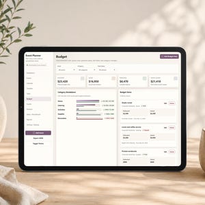 May include: A digital tablet displays an event planner interface with budget details. The screen shows financial data, category breakdowns, and budget items. The tablet is on a wooden surface, next to a vase with greenery and a ceramic cup.