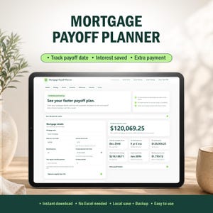 Puede incluir: Un planificador digital de amortización de hipotecas en la pantalla de una tableta. La interfaz incluye secciones para detalles de la hipoteca, estrategias de pago y resúmenes financieros, con un ahorro total de intereses de $120,069.25.