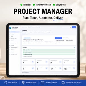 Pode incluir: Um tablet exibindo a interface "Project Manager". O painel mostra ferramentas de gerenciamento de projetos com o texto "Plan, Track, Automate, Deliver." e "Download instantâneo". A tela é preta.