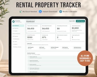 RentalHub - Aplicación para navegador de seguimiento de propiedades de alquiler, gestor de pagos de alquiler y gastos para propietarios, seguimiento de contratos de arrendamiento para inquilinos, sin Excel - Descarga digital
