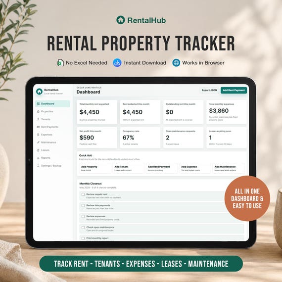RentalHub - Rental Property Tracker Browser App, Landlord Rent Payment & Expense Manager, Tenant Lease Tracker, No Excel - Digital Download