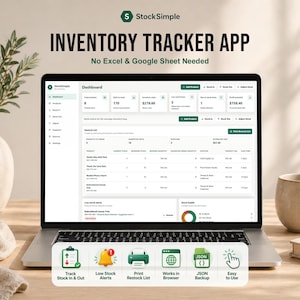 Könnte beinhalten: Ein Laptop zeigt die StockSimple Inventar-Tracker-App. Der Bildschirm zeigt ein Dashboard mit Produktdaten, einschließlich Inventarwert und Warnungen bei niedrigem Lagerbestand. Die App bietet ein JSON-Backup und ist einfach zu bedienen.