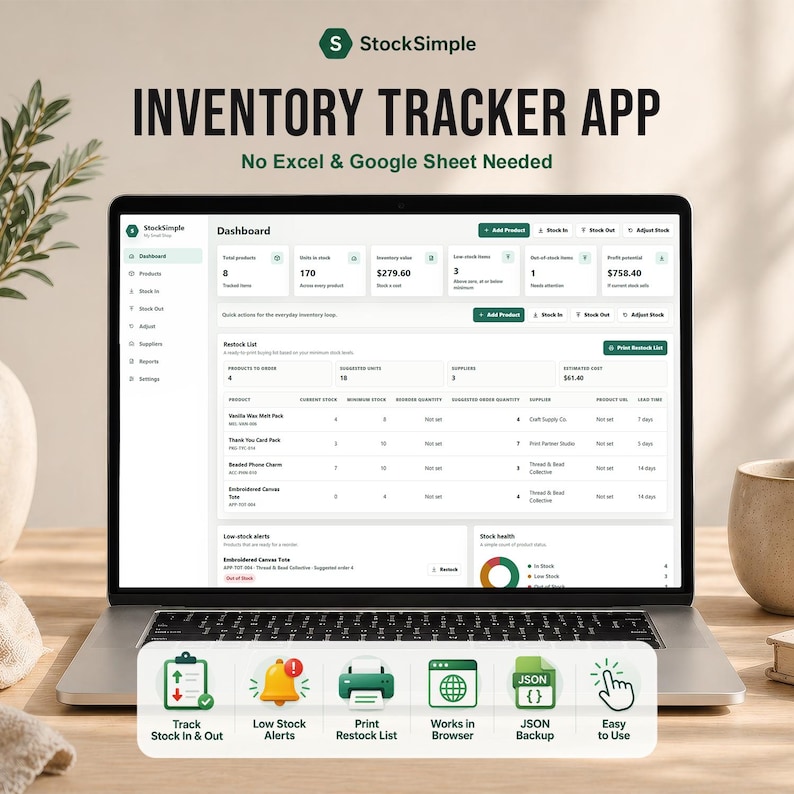 Pode incluir: Um laptop exibe o aplicativo de rastreamento de invent&aacute;rio StockSimple. A tela mostra um painel com dados do produto, incluindo valor do invent&aacute;rio e alertas de estoque baixo. O aplicativo possui um backup JSON e &eacute; f&aacute;cil de usar.