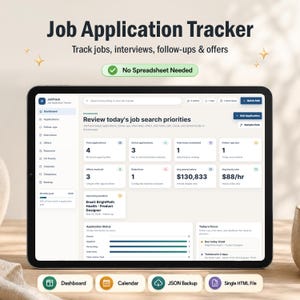 Può includere: Un tablet digitale mostra un'interfaccia di monitoraggio delle candidature. Lo schermo mostra le priorità di ricerca del lavoro, tra cui candidature, colloqui e offerte. Il testo include "Nessun foglio di calcolo necessario" e "Job Application Tracker".