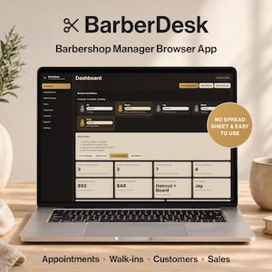Op de afbeelding: Een laptop met de "BarberDesk" barbershop manager browser app. Het scherm toont een dashboard met afspraak-, verkoop- en klantgegevens. De interface van de app is zwart-wit met een strak ontwerp. Tekst op het scherm bevat "Afspraken", "Walk-ins", "Klanten" en "Verkoop".