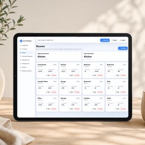 May include: A tablet displaying a Home Manager software interface with a dashboard titled Rooms, featuring a grid of various home areas like Kitchen, Living Room, and Bedroom, each showing item counts and values with edit and delete buttons.