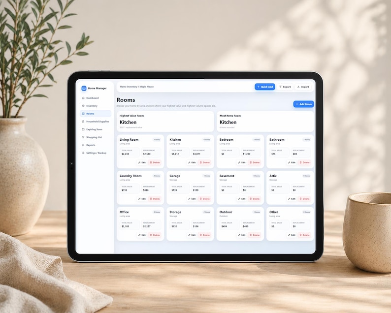 May include: A tablet displaying a Home Manager software interface with a dashboard titled Rooms, featuring a grid of various home areas like Kitchen, Living Room, and Bedroom, each showing item counts and values with edit and delete buttons.