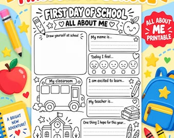 First Day of School Worksheet, All About Me Printable, Back to School Activity, Preschool Kindergarten PDF, Student Memory Page