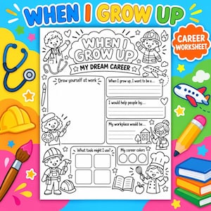 Könnte beinhalten: Ein weißes Arbeitsblatt zum Thema Berufswunsch mit der Überschrift When I Grow Up My Dream Career, das schwarze Strichzeichnungen von Berufen wie Arzt, Feuerwehrmann, Künstler, Bauarbeiter und Koch sowie leere Felder zum Ausfüllen enthält.