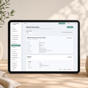 May include: A tablet screen displaying a digital Family Emergency Binder interface. The Medical Information page shows sections for medical emergency summary for Mara, including blood type, allergies, conditions, and a list of allergies below.