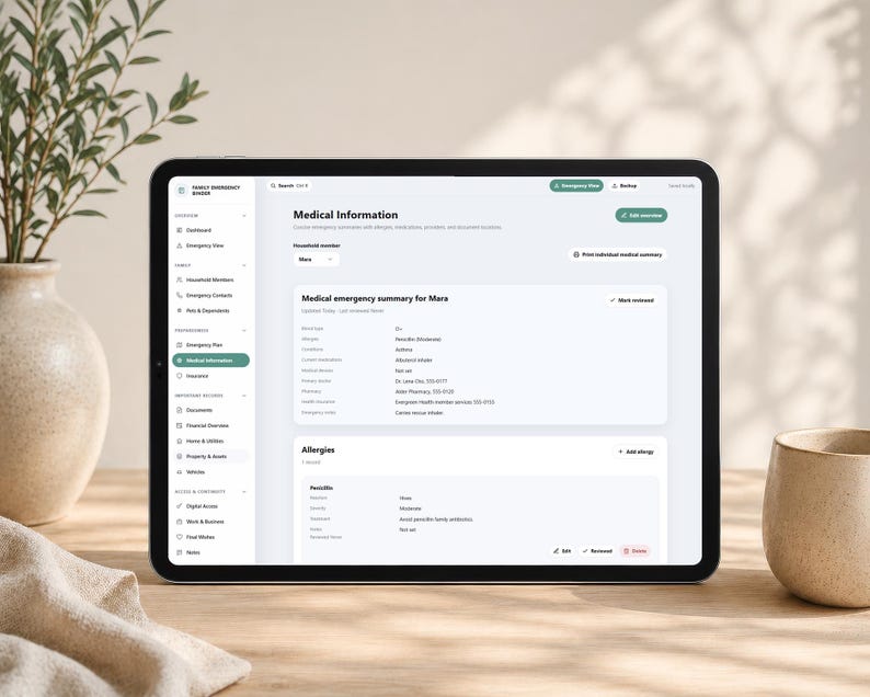 May include: A tablet screen displaying a digital Family Emergency Binder interface. The Medical Information page shows sections for medical emergency summary for Mara, including blood type, allergies, conditions, and a list of allergies below.