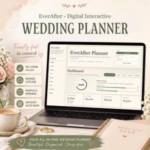 May include: A laptop screen showing the "EverAfter Planner" digital wedding planner interface. The image includes a coffee cup, wedding rings, and a notebook with "Best Day Ever" on the cover. The screen displays budget and progress details.