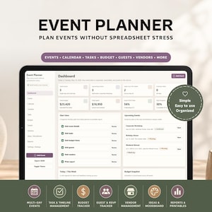 May include: A tablet screen displaying an event planner application. The interface shows a dashboard with event details, budget information, and upcoming events. Features include multi-day events, task management, and vendor management. The text at the top reads "EVENT PLANNER".