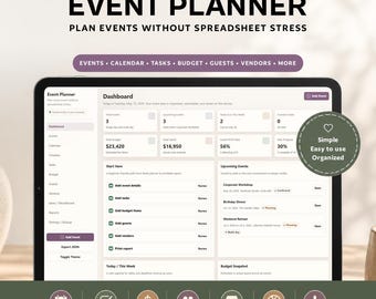 Aplicación web para planificación de eventos / Panel de control para planificación de eventos / Programador de eventos / Seguimiento de proveedores e invitados para presupuestos de tareas / Descarga digital