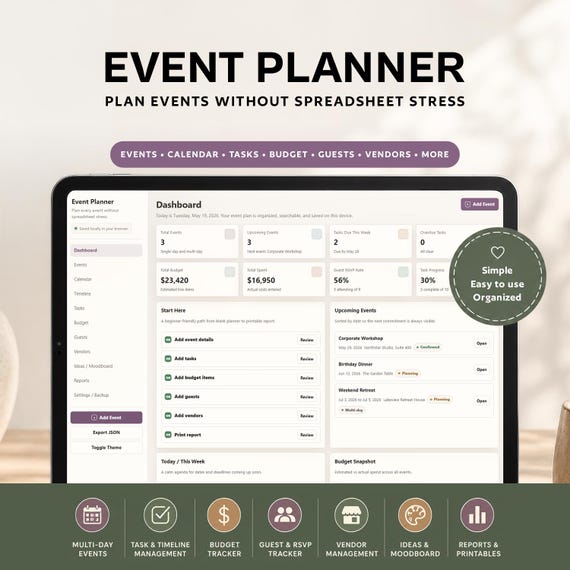 Event Planner Browser App | Event Planning Dashboard | Event Scheduler | Task Budget Guest Vendor Tracker | Digital Download