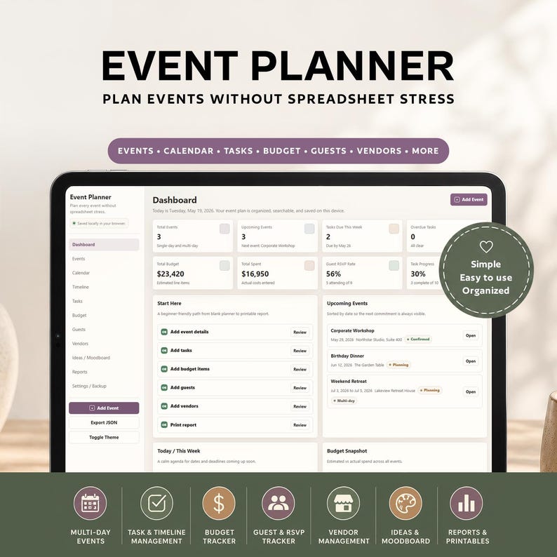 May include: A digital event planner interface displayed on a tablet. The screen shows a dashboard with event details, budget information, and upcoming events. The interface includes options for multi-day events, task management, and vendor management. The text at the top says "EVENT PLANNER".