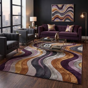 Alfombra abstracta de pelo largo, estampado de ondas en morado, dorado y gris, alfombra de estilo moderno de mediados de siglo.