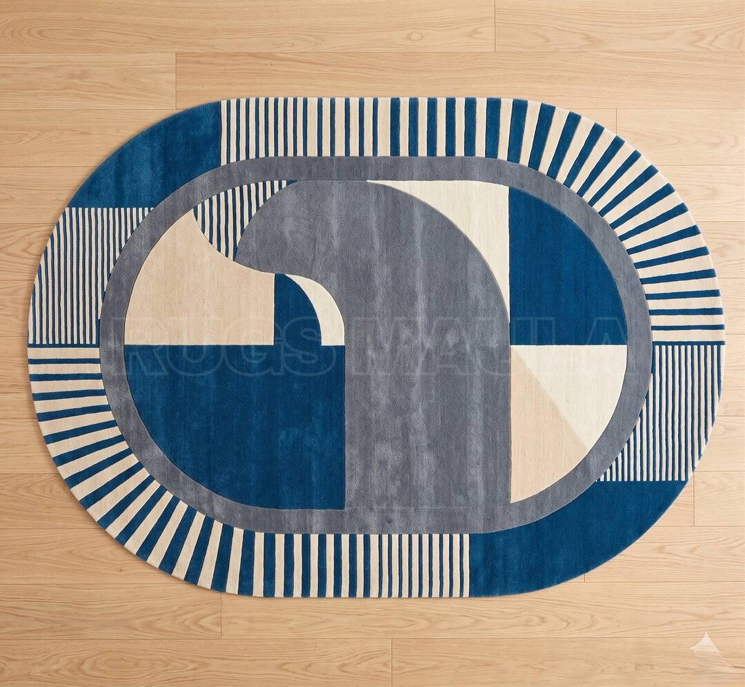 Modern Abstract Blue Round Rug, Mid Century Geometric Area Rug for ...