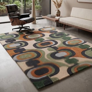 Mid-Century Modern Abstract Wool Rug – Geometric Green, Teal, Rust Hand-Tufted Danish Design