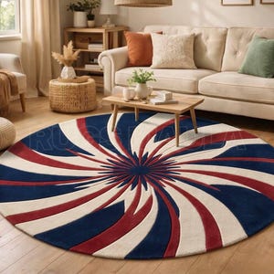 Red White Blue Round Vortex Rug | Optical Illusion Swirl Floor Mat