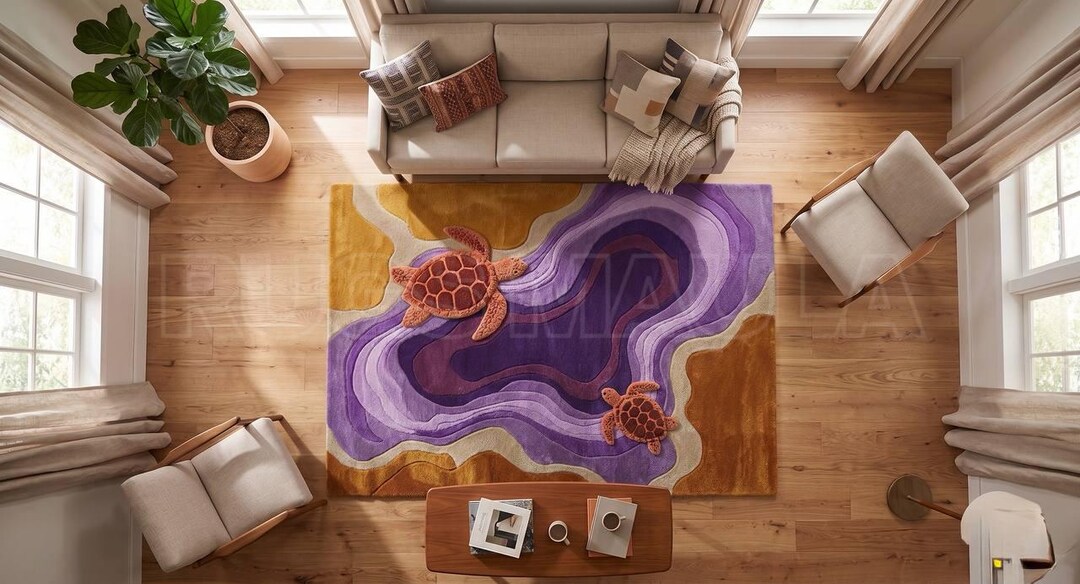 Hand Tufted Wool Sea Turtle Rug, 3D Wave Sculpted Purple Ocean Carpet ...