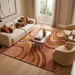 Hand-tufted Wool Area Rug, Terracotta Rust Mustard Wave Pattern, Mid-Century Modern Living Room Decor