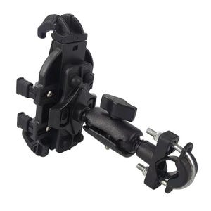 May include: A black motorcycle phone mount with a clamp-style base and adjustable arm. The mount features a cradle to secure a phone and a ball joint for positioning. The clamp is designed to attach to handlebars.