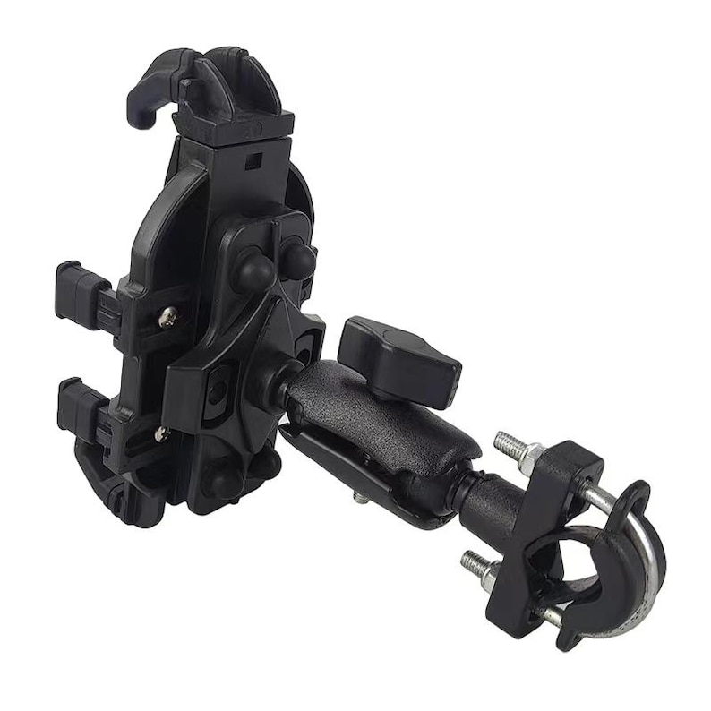 May include: A black motorcycle phone mount with a clamp-style base and adjustable arm. The mount features a cradle to secure a phone and a ball joint for positioning. The clamp is designed to attach to handlebars.