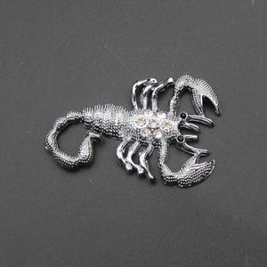 Könnte beinhalten: Eine silberfarbene Skorpion-Brosche mit strukturiertem Metallkörper und einer Anordnung aus sechs klaren, runden, facettierten Strasssteinen in der Mitte des Rückens. Der Skorpion hat zwei große Scheren, acht Beine und einen gebogenen, segmentierten Schwanz.