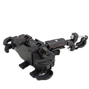 May include: A black, adjustable phone holder with multiple gripping arms and a swivel mount. The holder is designed to attach to a handlebar or similar structure. The device is made of black plastic and metal components.