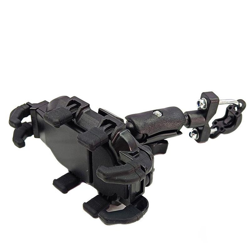 May include: A black, adjustable phone holder with multiple gripping arms and a swivel mount. The holder is designed to attach to a handlebar or similar structure. The device is made of black plastic and metal components.