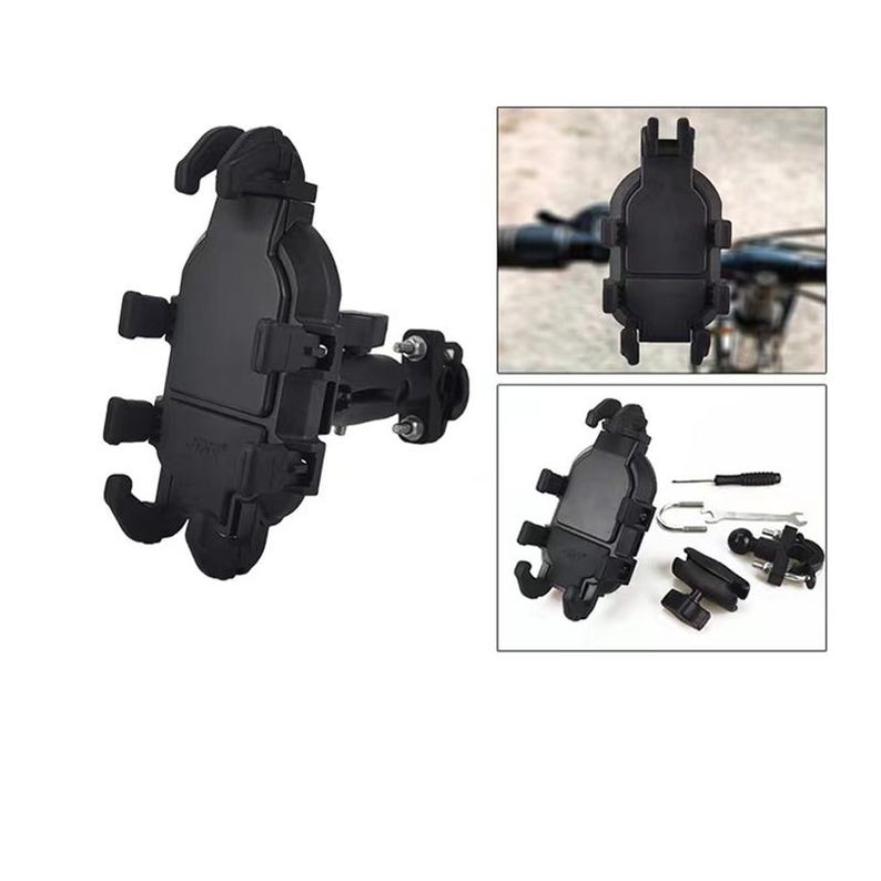 May include: Black bicycle phone mount with adjustable arms and a handlebar clamp. The mount is shown in multiple views, including a close-up of the phone holder and the mounting hardware.