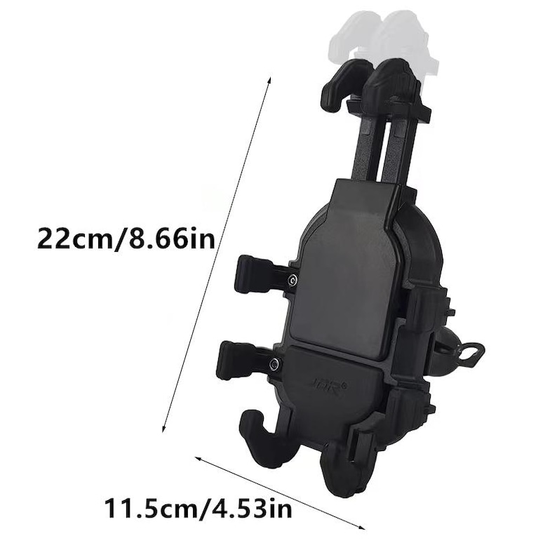 May include: A black car phone holder, measuring 8.66 inches (22 cm) in height and 4.53 inches (11.5 cm) in width. The holder features adjustable arms and a secure grip for various phone sizes. The product has the text "JOR" on the front.