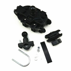 May include: A black motorcycle phone mount kit with various components. The kit includes a large base with a ball joint, a U-bolt mount, a double socket arm, and several small hardware pieces. The parts are arranged on a white background.