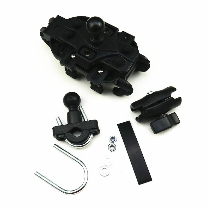 May include: A black motorcycle phone mount kit with various components. The kit includes a large base with a ball joint, a U-bolt mount, a double socket arm, and several small hardware pieces. The parts are arranged on a white background.