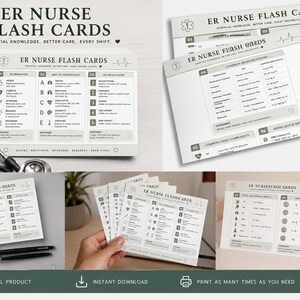 May include: ER Nurse Flash Cards with essential knowledge for better care. The image shows several flashcards with medical information, including a spiral-bound notebook, loose cards, and a digital download option.
