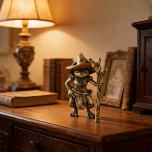 Statua vintage in ottone di una rana maga: statuetta in miniatura di una rana magica